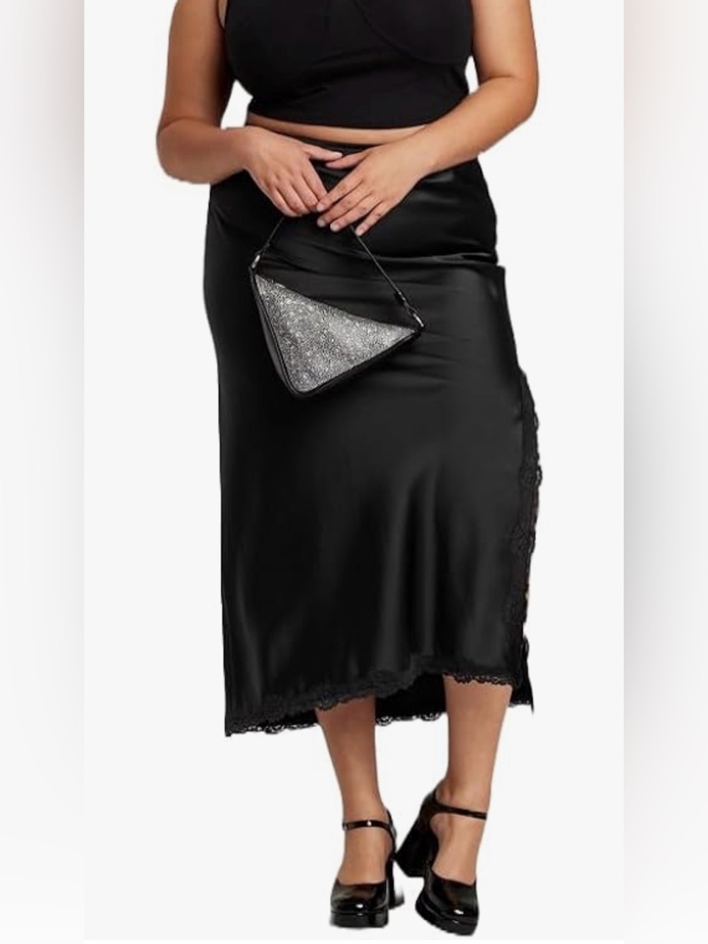 Wild Fable Black Satin Lace-Hem Straight Midi Skirt L Boho Whimsygoth Cottagecor